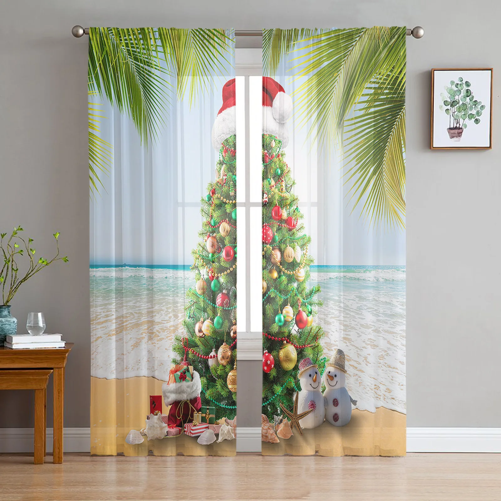 

Christmas Beach Christmas Tree Window Tulle Curtains for Living Room Kitchen Christmas Home Decor Sheer Voile Curtains