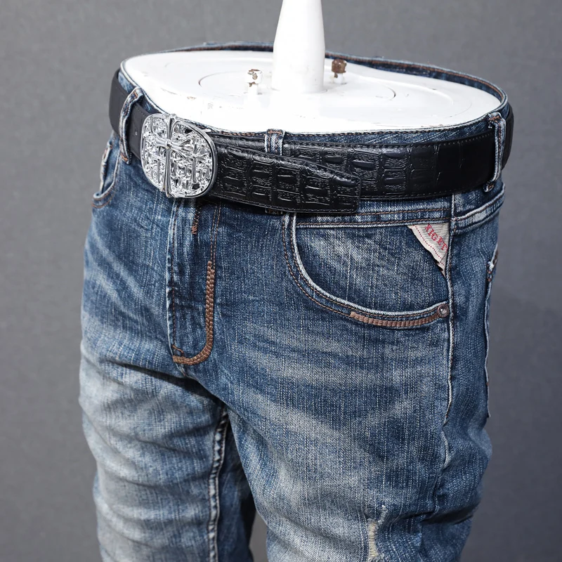 Fashion Designer Men Jeans High Quality Retro Blue Elastic Slim Fit Ripped Jeans Men Vintage Trousers Casual Denim Pants Hombre