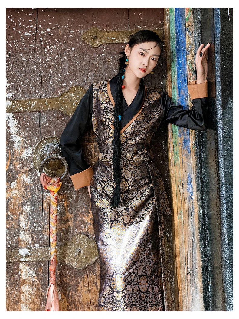 Chinese Tibetan Women Dress Spring Black Khampa Bhola chinese traditional suit