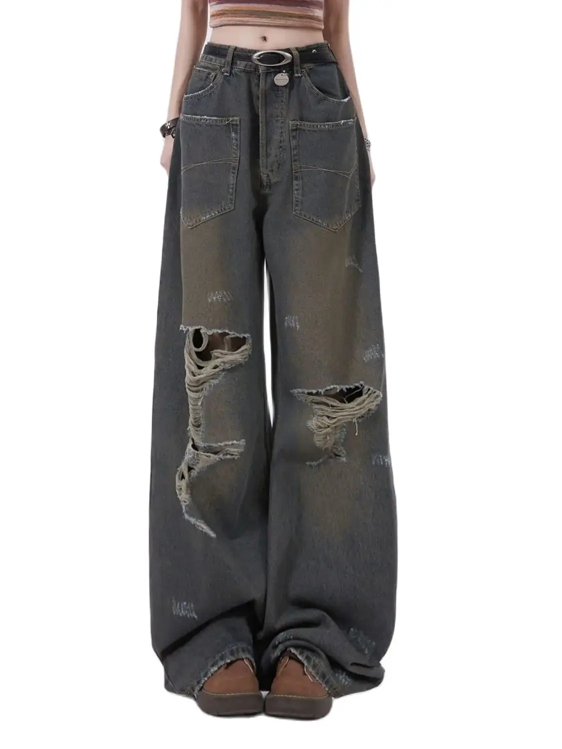 High Waist Women Blue Jeans Hip-Hop Style Fashion Vintage Wash To Make Old Wide Leg Jeans Ripped Female Trouser Baggy Denim