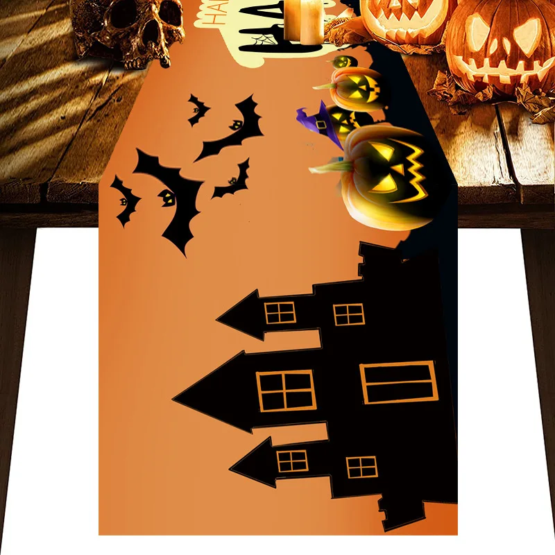 

Linen Table Runner Halloween Pumpkin Ghost Table Cloth Cover Anti-Slip For Dinner Festival Party Home Room Festival Decoration