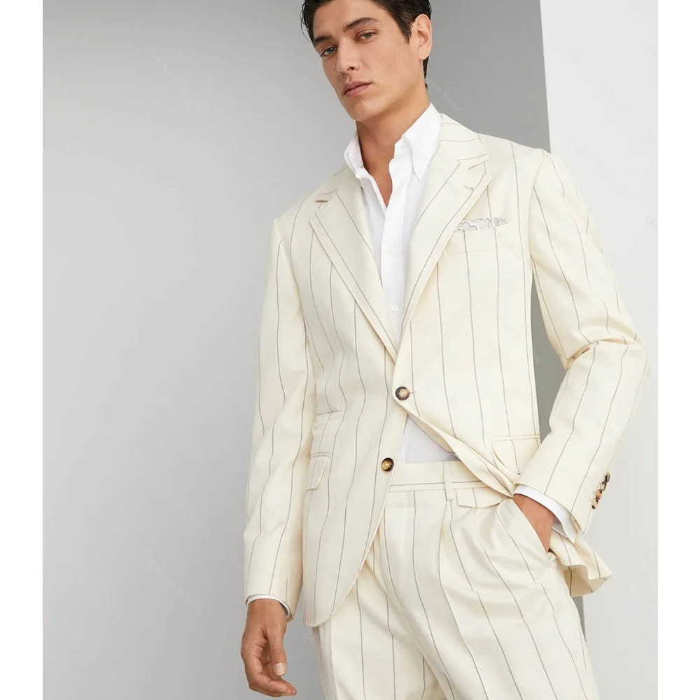 Fashion Wide Striped Men Suits Two Piece Notched Lapel Single Breasted Outfits Formal Business Casual Suit (Blazer + Pants)