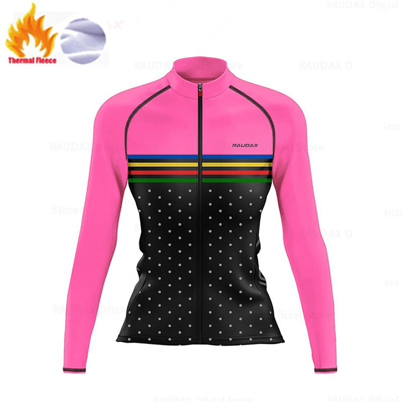 Pink Dot Lady Winter Cycling Jersey Women Long Sleeves Thermal Fleece Bike Jerseys Ropa Ciclismo Mujer Female Sportswear Clothes