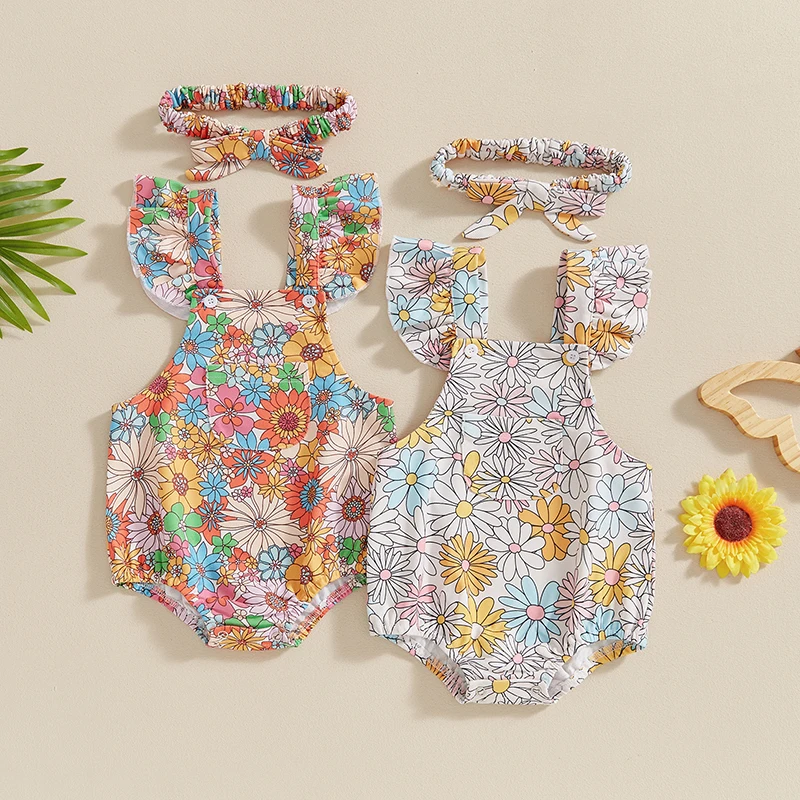 

2024-04-16 Lioraitiin Newborn Girl Outfit, Fly Sleeve Flower Print Romper with Hairband Summer Clothes