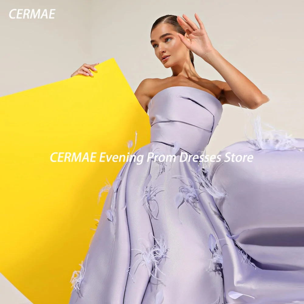 

CERMAE Satin A-line Strapless Ruffle Feathers Popular Prom Gown Floor Length Evening Formal Elegant Party Dress for Women 2023