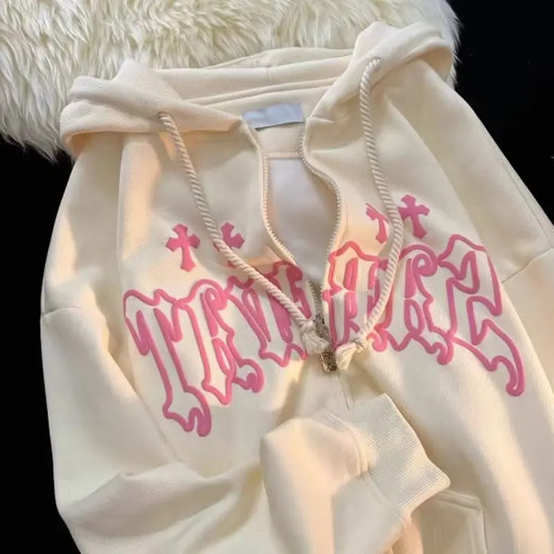 

Women High Street Harajuku Retro Hip Hop Loose Casual Sweatshirt Korean Fashion Hoodie Goth Embroidery Hoodies Y2K Zip Up Hoodie