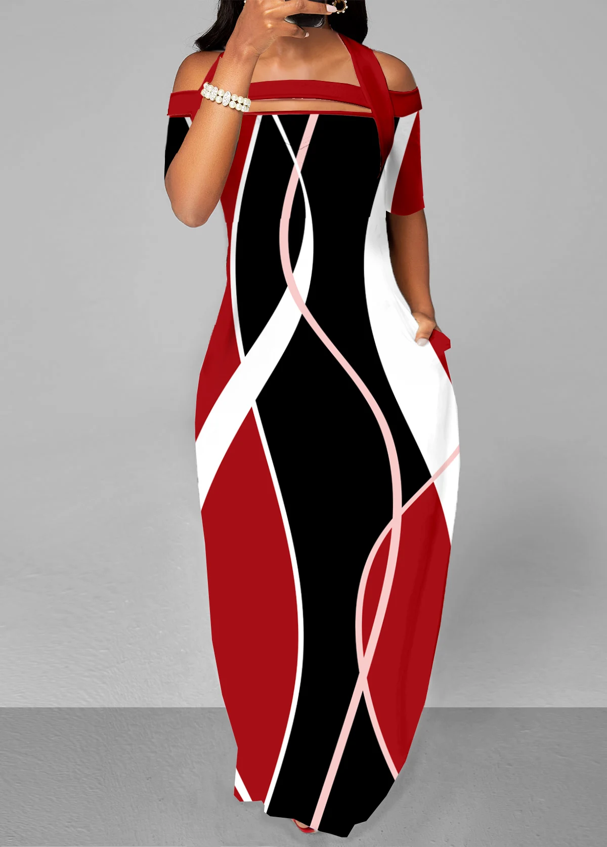 

LW Elegant Dresses Off The Shoulder Geometric Print Loose Dress Red Strappy Cold Shoulder Halter Short Sleeve Maxi Dress