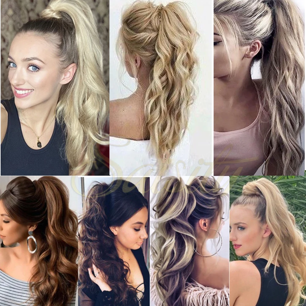 Saisity Ombre Synthetic 32Inches Long Layered Ponytail Available Mixed Color Curly Flexible Ponytail Wrap Around Hairpieces