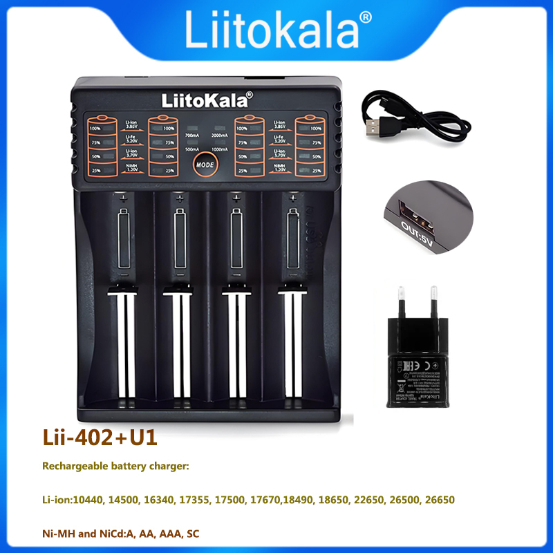 LiitoKala Lii-402+U1 Rechargeable Lithium Battery Charger , 1-4 Slots, Dual Charging, 3.7V, 16340, 14500, 18650, 26650,AA