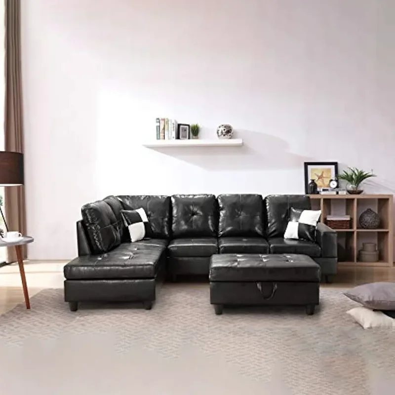 

L Shaped Sofa Sectional 3 Piece Imitation Leather Sofa Left Recliner,Storage Footstool And Pillows Living Room Sets Furniture
