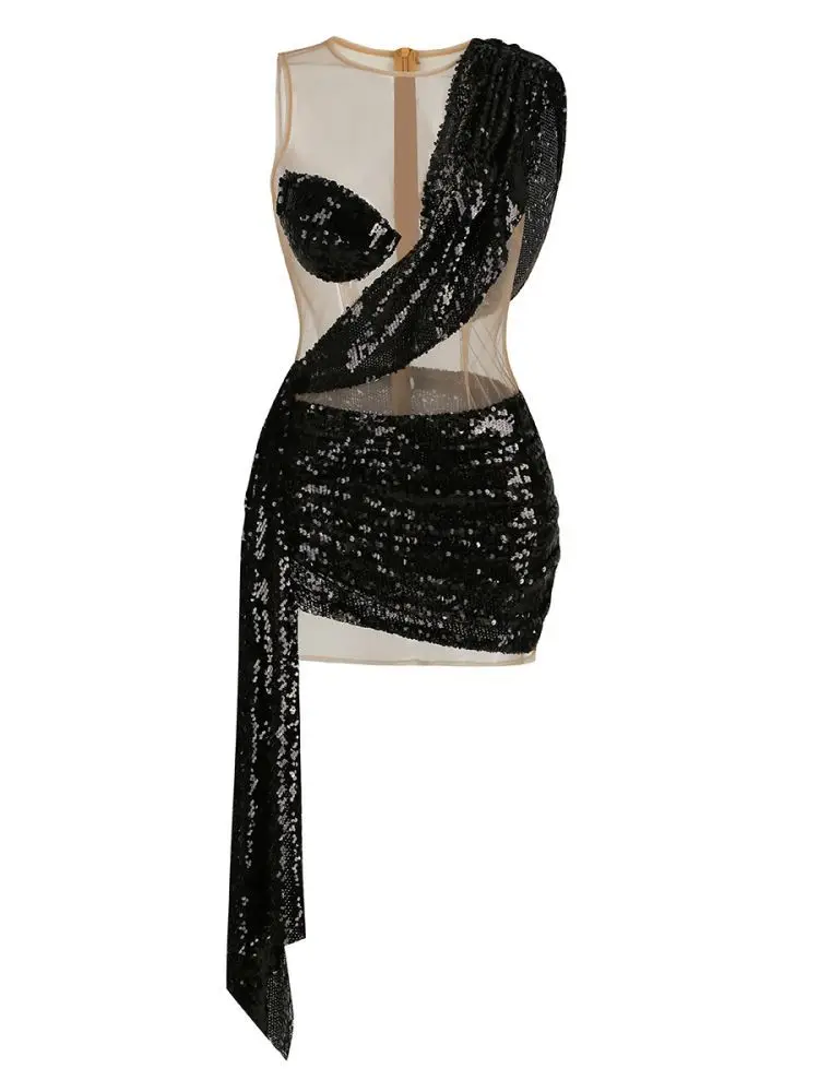 

Green Sequin Patchwork Women's Dresses Sexy Mesh See Through Birthday Dress for Women Clothing 2024 Elegant Gowns Female Clothes