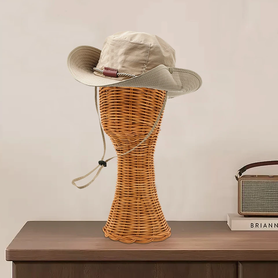 Light Brown Rattan Wig Stand for Display