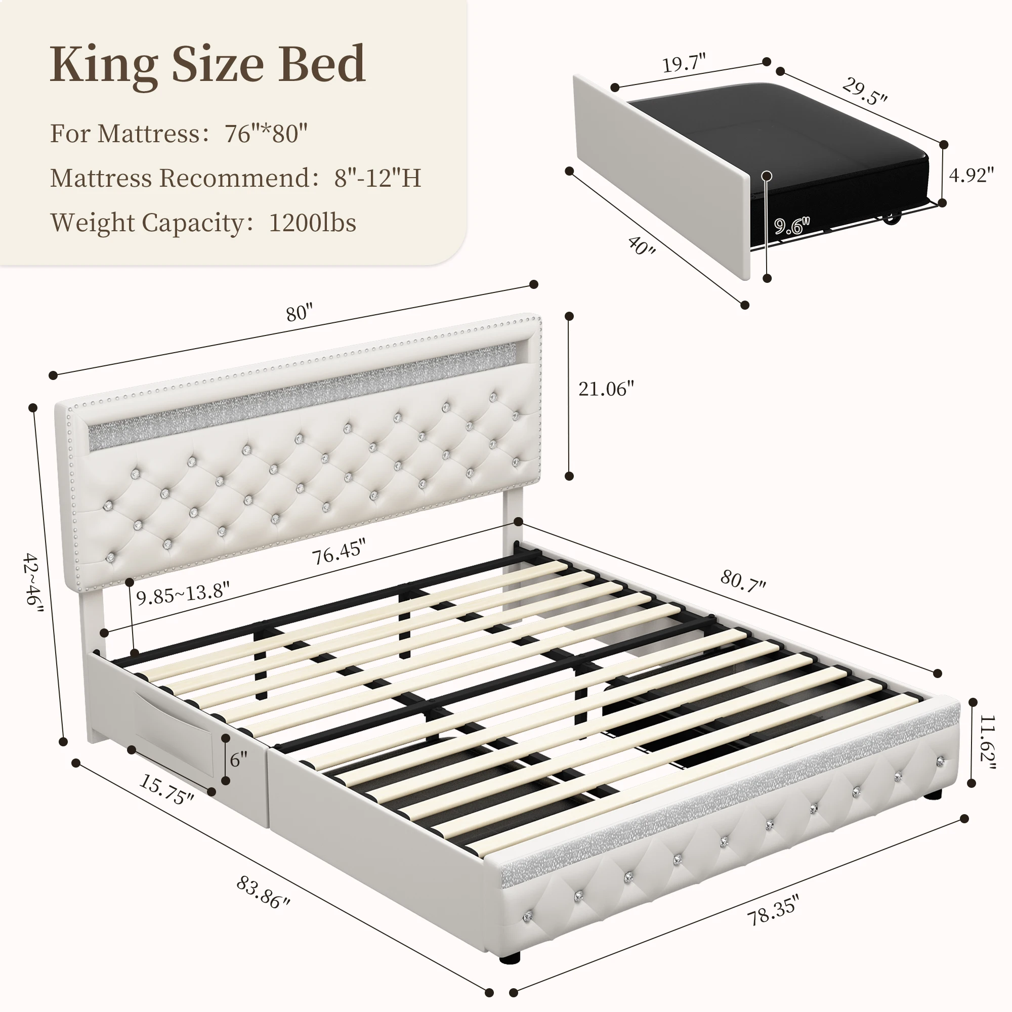 Modern Queen Bed Frame with Drawers, White PU Leather Upholstered Platform with Crystal Tufted Adjustable Headboard, Strong Meta