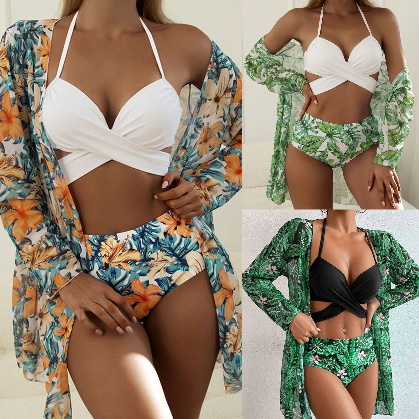 

Monokini Three-Piece Cover Up Swimsuits V With Beach Women‘s Swimwear Neck Bathing Suits Swimwears Tankinis Set