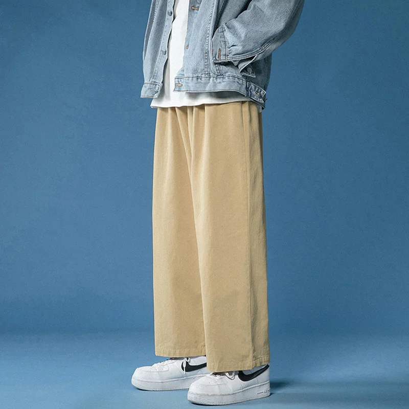 Casual Pant Men Cotton Baggy Wide Leg Pants Ankle Length Elastic Waist Loose Straight Trousers Men