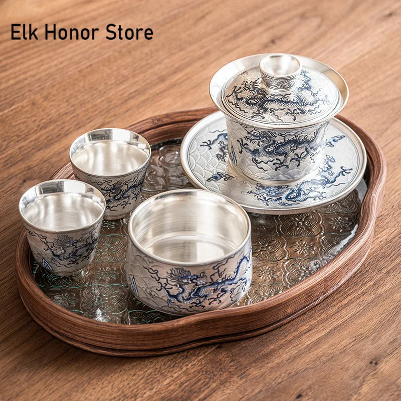 150ml Retro Silver Plated Gaiwan Blue and White Dragon Pattern Tea Tureen Household Tea Making Cover Bowl Items Collection