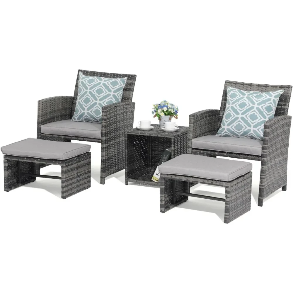

Набор мебели для патио из 5 предметов, плетеный уличный стул для разговора и османка с кофейным столиком, подушки в комплекте, серый цвет