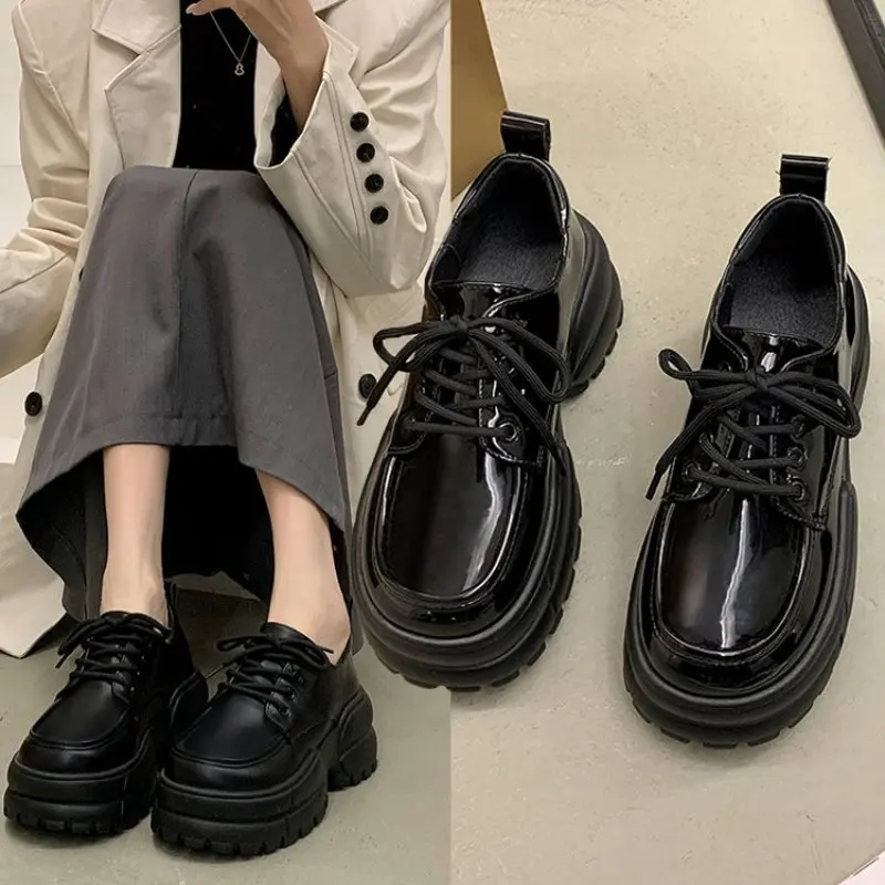 Ladies Fashion All-match Leather Shoe Summer Spring Classic Black Thick-soled Casual Women Shoe Retro College Style Shoe England