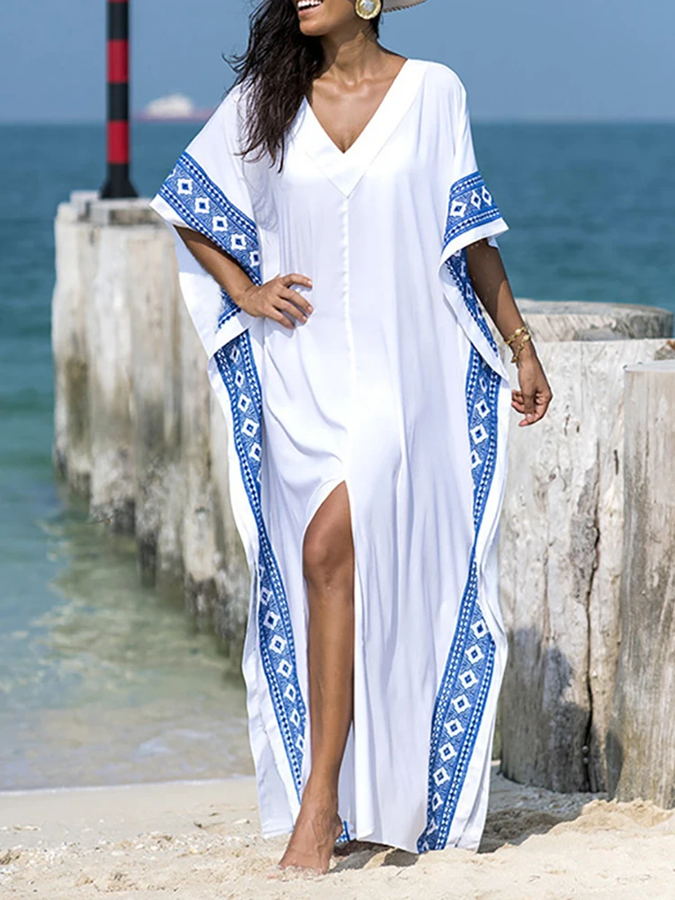 

Plus size White Dress Kaftan Beach Cover up Embroidery Caftans Women Beachwear Bikini Cover-ups Robe de Plage Sarong Beach Tunic