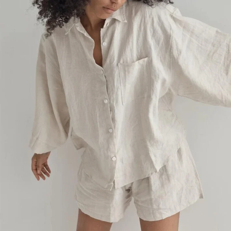 Summer Oversized Casual Linen Solid Shorts Women Set Loose Single-breasted Shirt and Elastic Waist Trousers Ladies 2 Pieces Sets