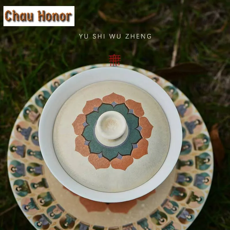 150ml Dunhuang Thousand Buddhas Ceramic Gaiwan Mural Painting Bowl with Lid Tea Tureen Tea Brewing Cover Bowl Tableware Craft