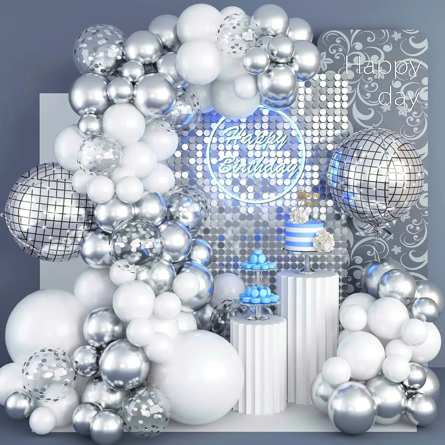 Glamorous Disco Party Decoration Kit with White and Silver Balloon Garland and Confetti Balloons