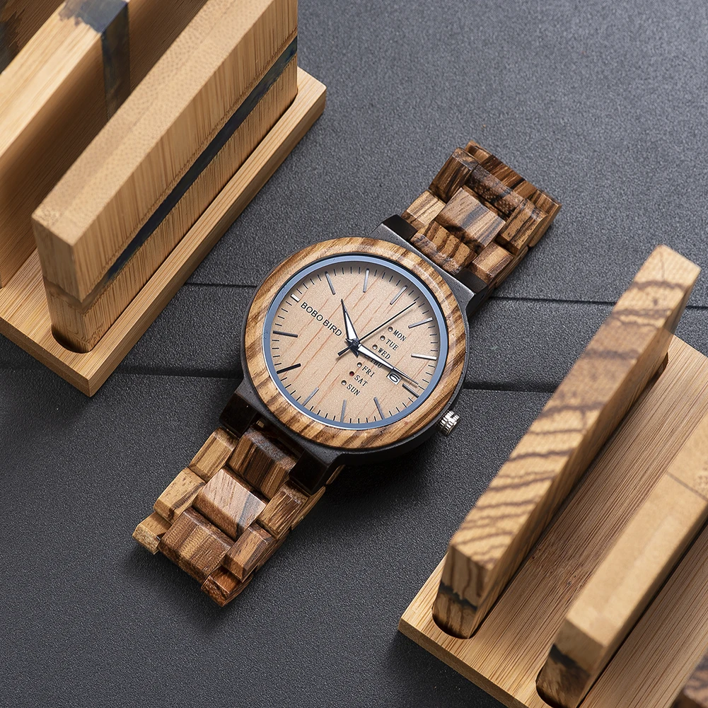 BOBO BIRD-reloj analógico de madera para hombre, accesorio de pulsera de cuarzo resistente al agua con calendario, complemento masculino de marca de lujo con diseño antiguo y caja de regalo, envío directo