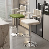 Mid-Century Bar Stool Liftable Rattan Backrest Chair for Kitchen Island Swivel Counter Stool with Footrest Modern Reception Seat 2