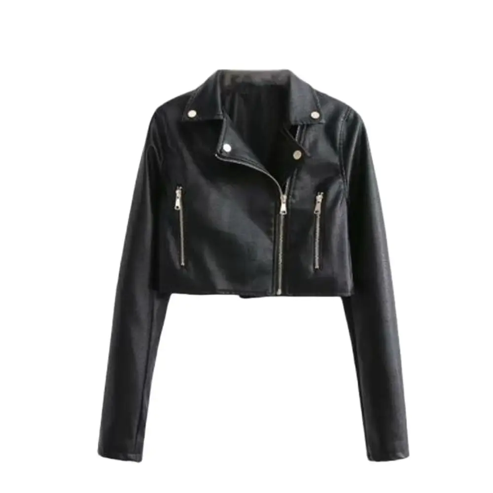 

Zipper Fashion Fall 2024 Black Pu Leather Jacket Extra Short Locomotive Leather Coats Motor Vintage Denim Jacket Outerwear Women