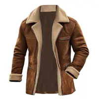2025 Men's Vintage Suede Shearling Coat, Fleece Lined Mid-Length Jacket with Zipper Pockets, Reverse Collar, and Warm Wool Fur