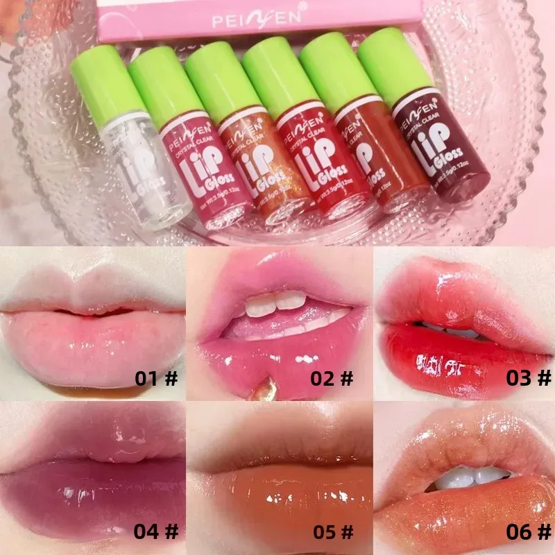 6pcs Crystal Clear Lip Gloss Set Moist Glass Mirror Light Makeup Lip Balm Not Sticky Cherry Peach Color Watery Lipgloss Kit