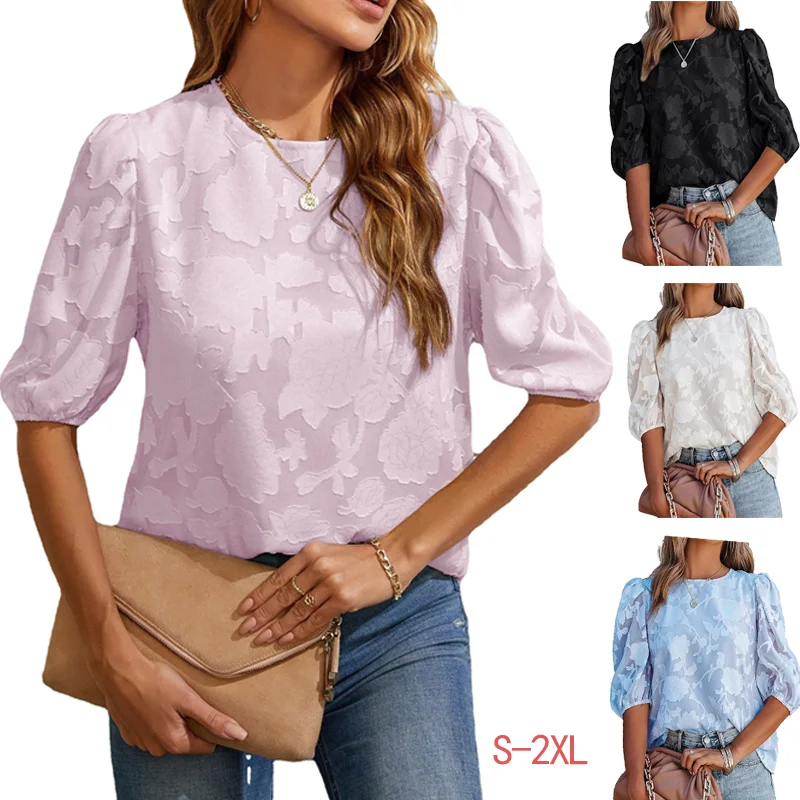 

2022 Summer Puff Sleeve Crew Collar Hollow Out Flower Texture Patchwork Shirt All-Match Women Chiffon Loose Sweet Blouse Tops