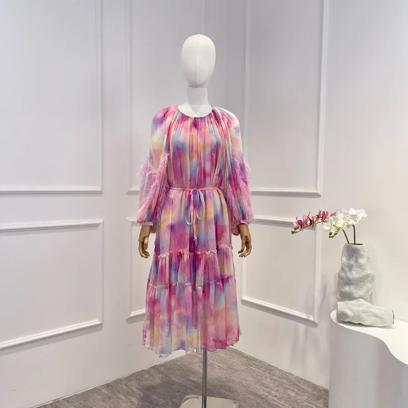 

2023 Summer Autumn Women Fashion Holiday Style Loose Oversize Feather Long Sleeve Midi Dress with Belt