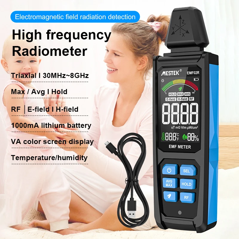 Mestek EMF Meter High Frequency 30MHz~8Ghz Electromagnetic Field Radiation Detector USB Type-C Gauss EMF Tester Dosimeter
