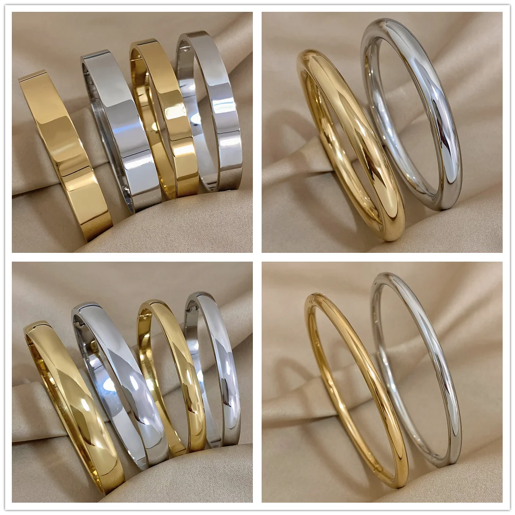 Edelstahl-Armreif, glänzend, einfarbig, dickes Armband für Damen, Manschettenarmband, glatter Charme, vergoldete Armbänder, Schmuck – Detail 1