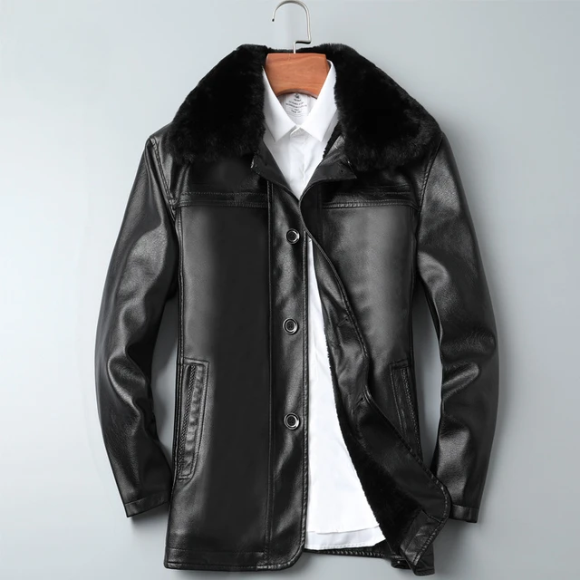 Chaqueta de piel sintética con Cuello de piel para hombre, abrigo informal de lana, cálido, de calidad, invierno, nuevo, 3X 2