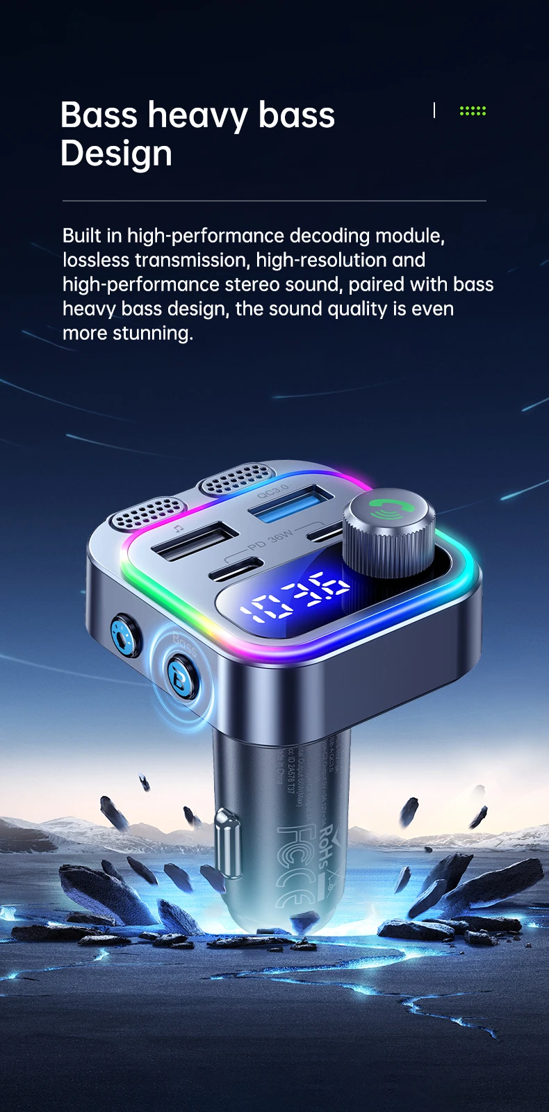 66W Fast Car Charger Bluetooth 5.4 FM Transmitter Wireless Radio Handsfree Calli
