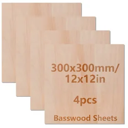 Basswood Craft Board Set - 12x12x0.08 inches, Thin Sheets for DIY Projects, Carving, and Wood Burning (4pcs12X12X0.08IN)