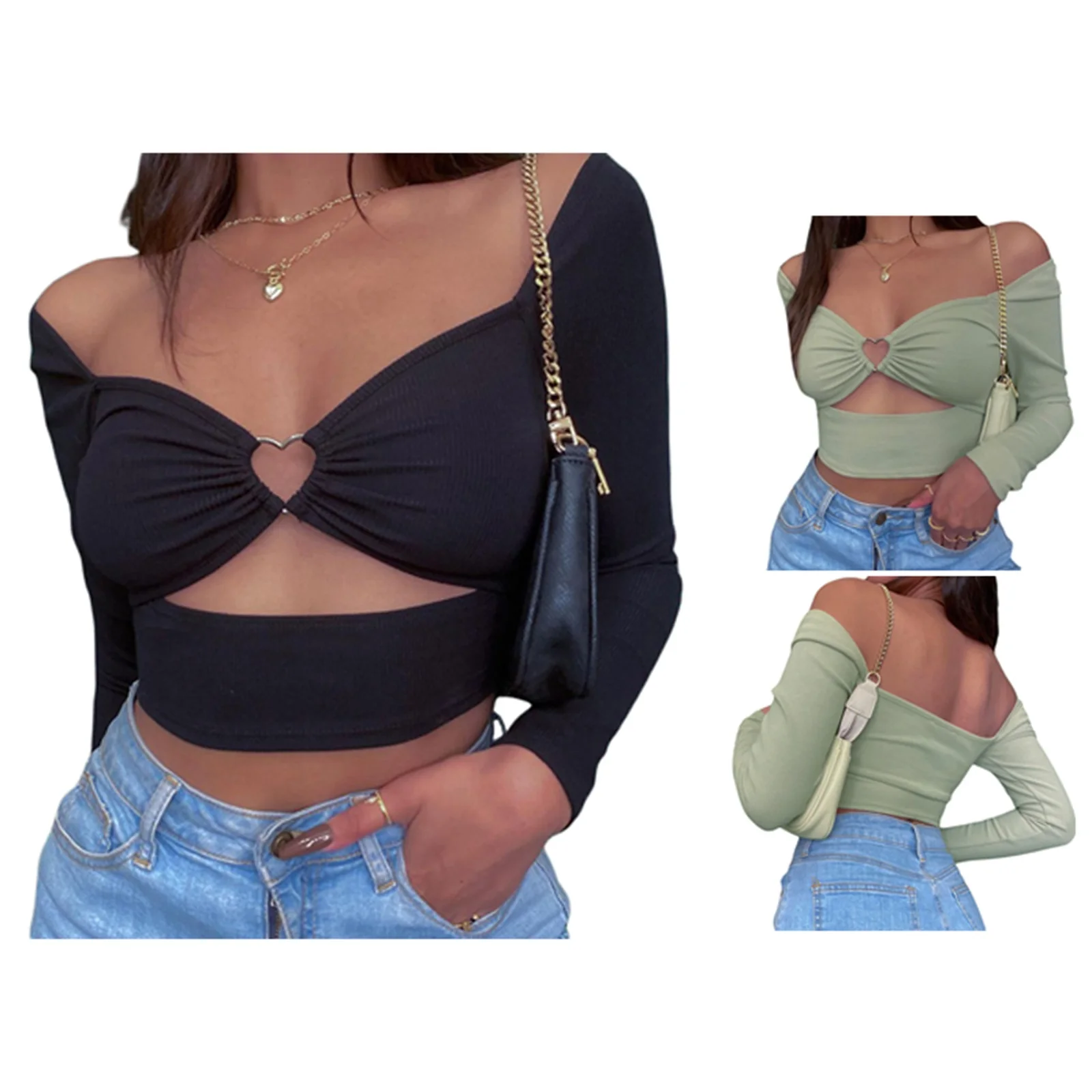 

Женские укороченные топы, Модные Удобные однотонные Ажурные топы с V-образным вырезом и длинным рукавом для вечевечерние и свиданий