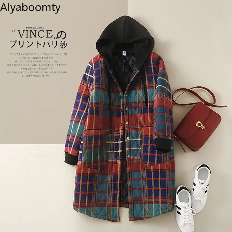 Chic Red Hooded Plaid drawstring Cotton Parkas Winter main image 1