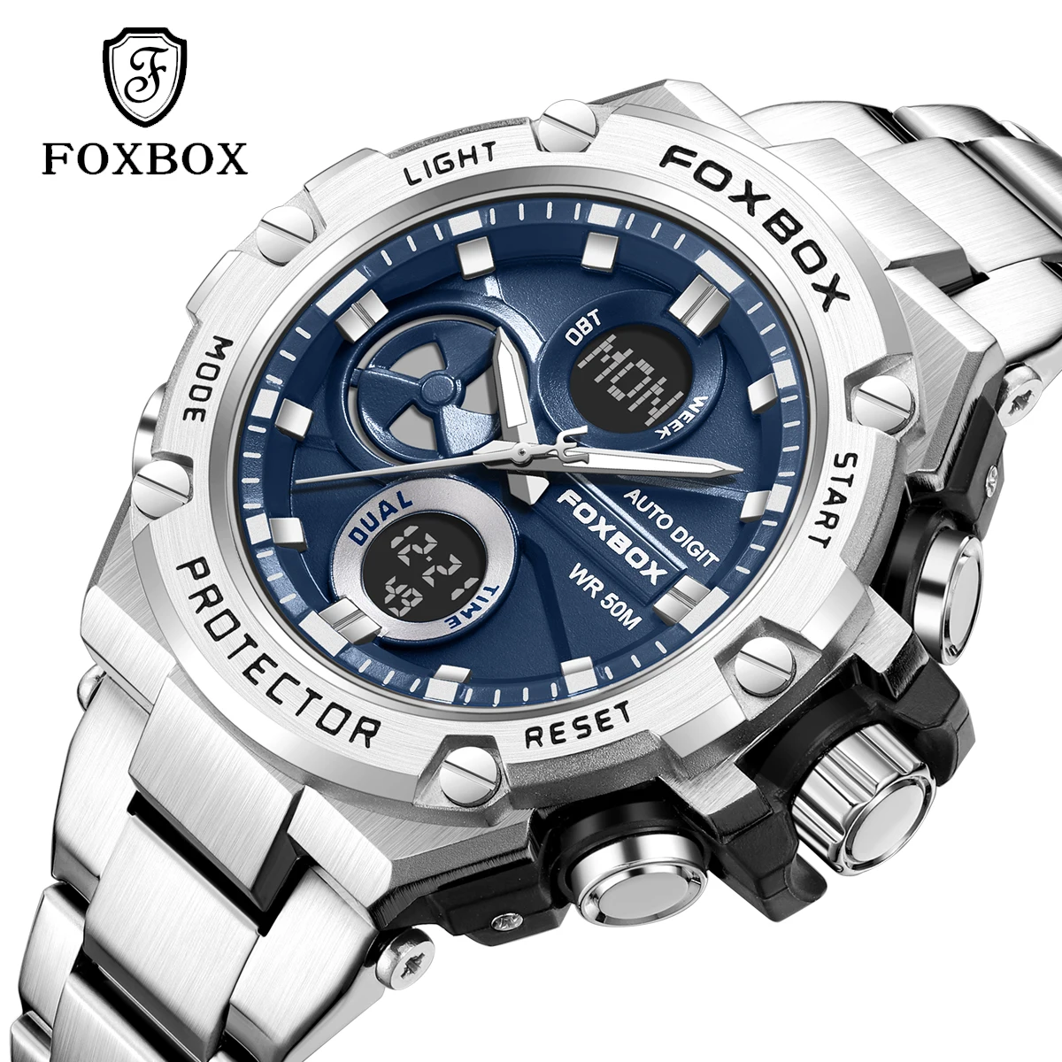 Mens Watches Luxury Fashion Sport Watch FOXBOX Top Brand Men Quartz Analog Digital Clock Male Waterproof Stainless Steel Watches