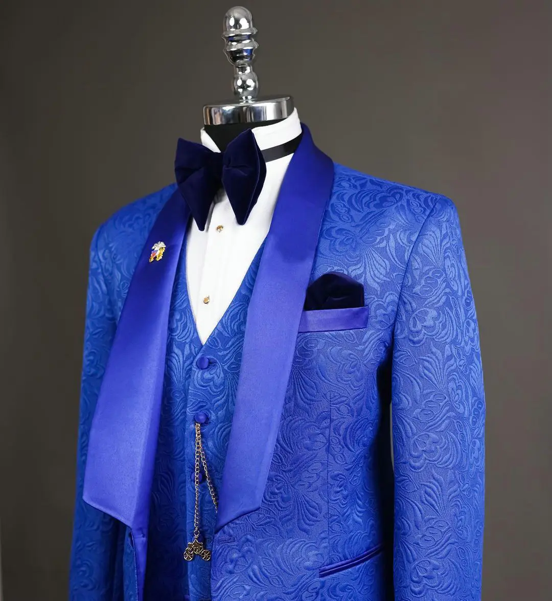 Men Suits For Wedding 2023 Latest Design Custom Made Royal Blue Jacquard Smoking Tuxedo Jacket 3 Piece Groom Terno Suits For Men