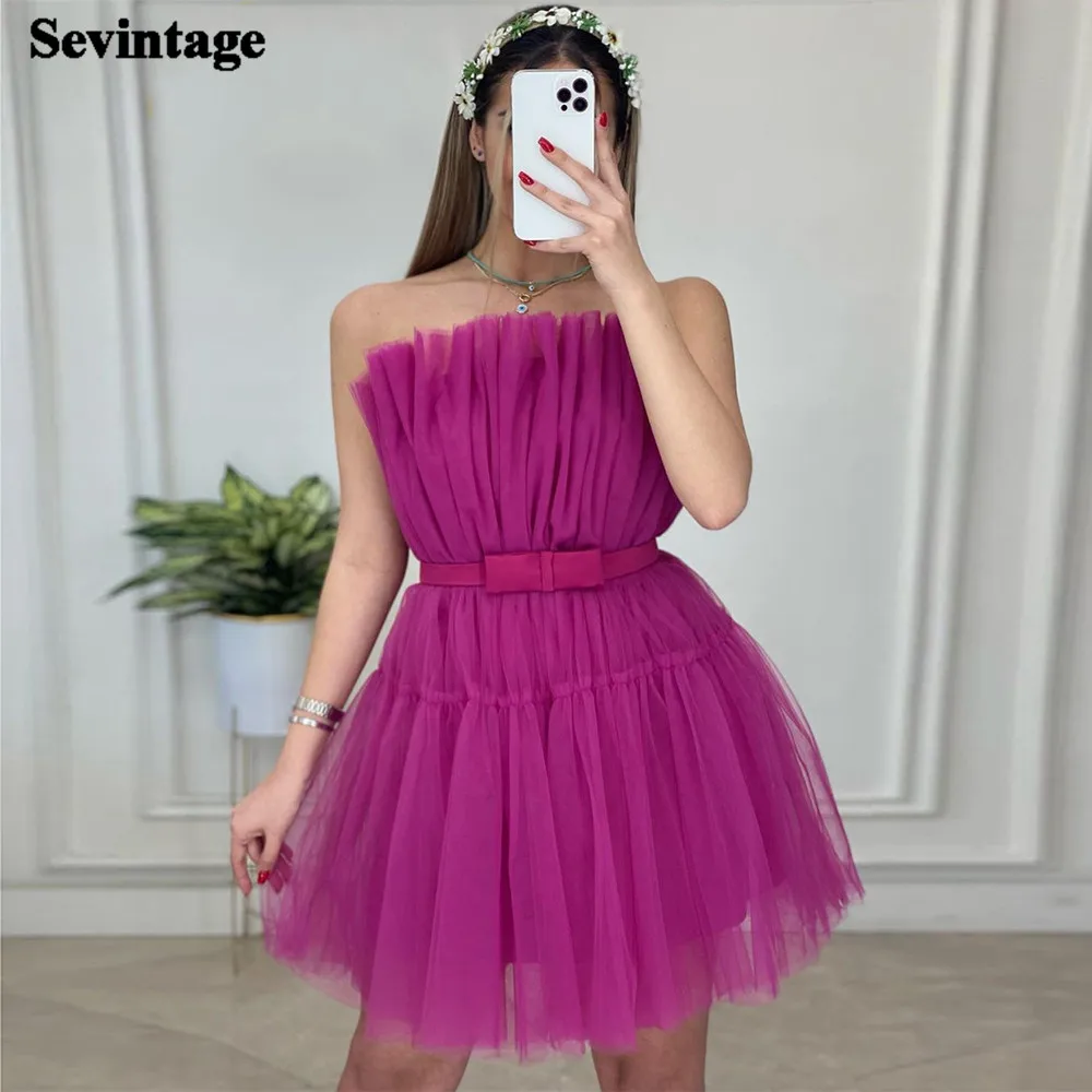 plus size prom & dance dresses Sevintage A Line Mini Tulle Prom Dresses Pleats Above Knee Formal Prom Gowns With Sashes Short Girl Homecoming Party Dress 2022 navy blue prom dresses Prom Dresses