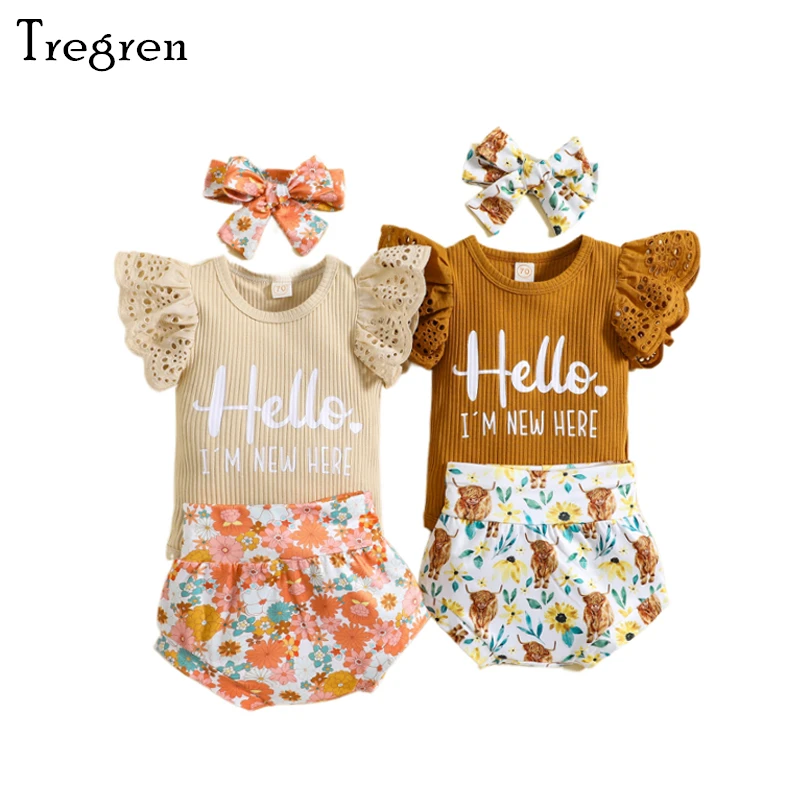 

Tregren 0-24M Newborn Infant Baby Girls Shorts Set Cute Lace Fly Sleeve Letters Romper with Flower Cow Print Shorts Hairband