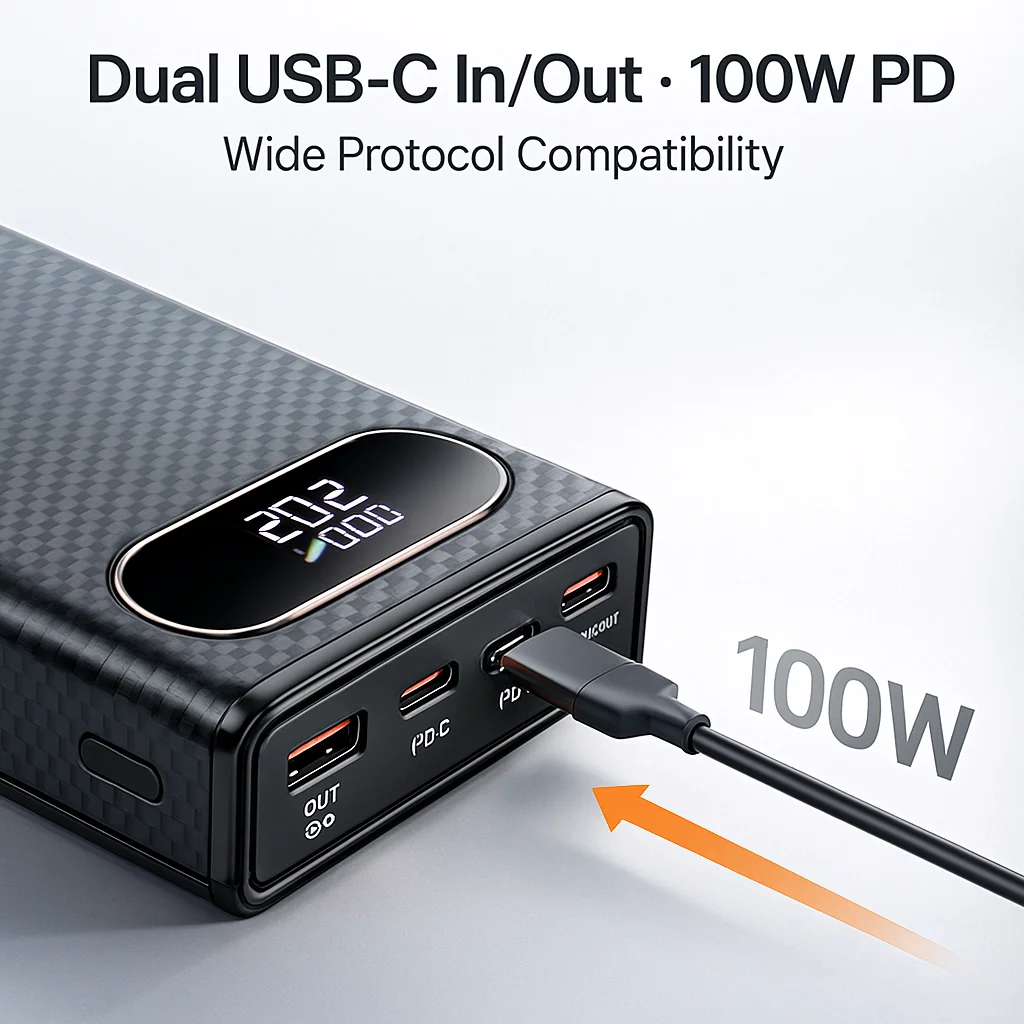 21700 배터리 팩 케이스 디스플레이 화면 포함 - 100W PD 출력, 도구 없이 조립, 다중 기기 고속 충전 탈착식 쉘