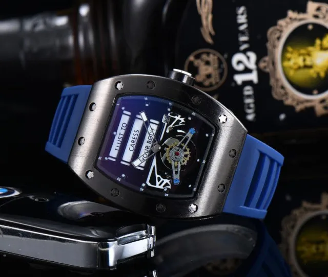 Fashion Men Sport Watch Richard Tonneau Dial Hollow Quartz Wristwatches Waterproof Rubber Strap Luxury Mens Skeleton Watches 