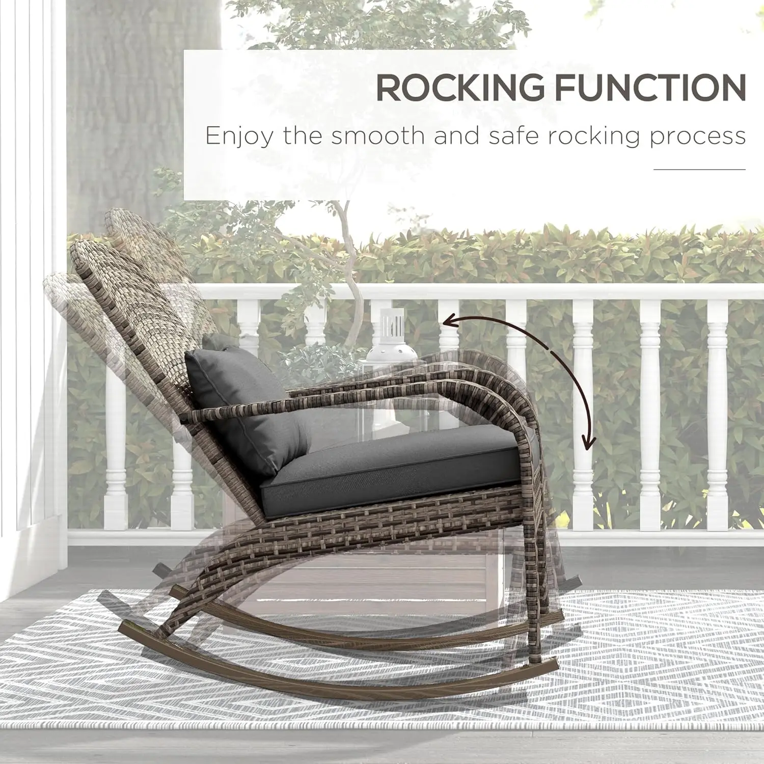 Outdoor Wicker Adirondack Rocking Chair, Patio Rattan Rocker Chair with High Back, Seat Cushion, and Pillow