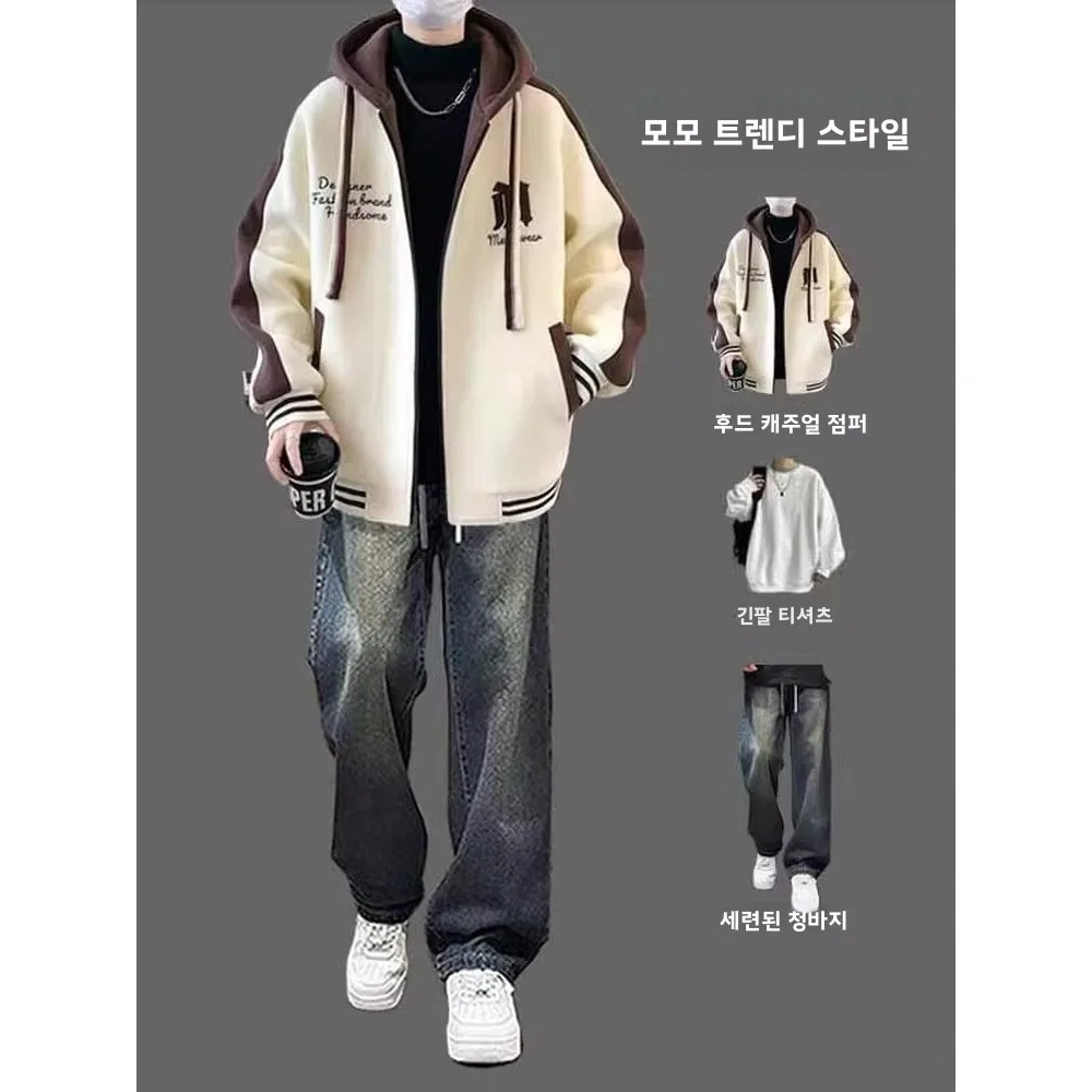 미국 복고풍 야구 재킷과 스웨트셔츠 세트 남성용 캐주얼 스포츠웨어 봄 가을 3..