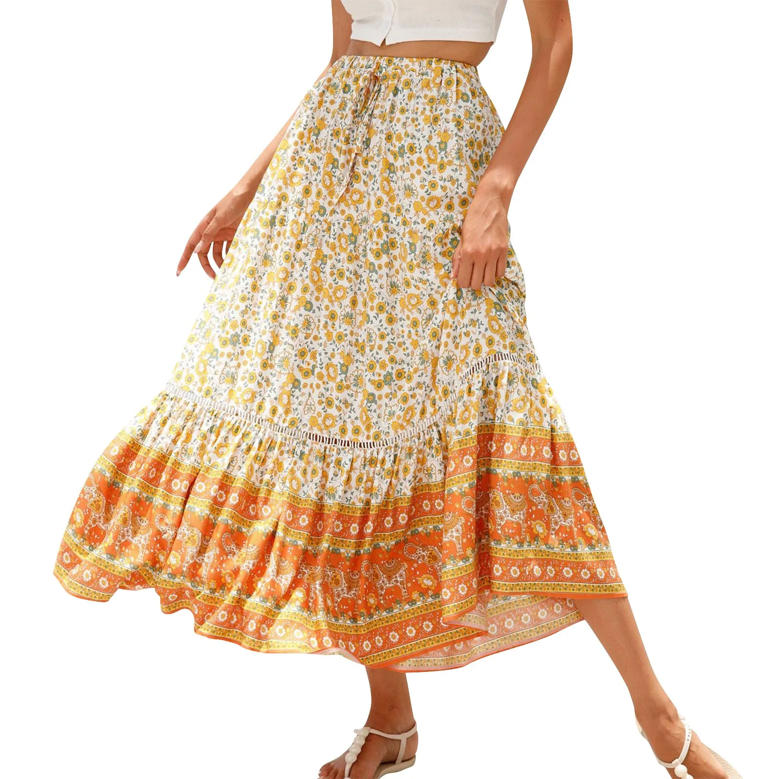 

Splicing Long Skirts For Ladies Fashion Comfortable Elastic Waist Skirts 2024 New Leisure Vacation All-Match Floral Skirts