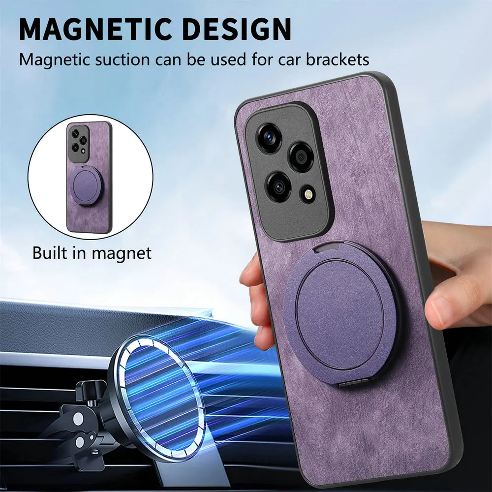 Leather Back Panel Phone Case with Magnetic Ring Holder, Enhanced Protection